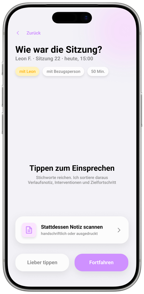 App-Bildschirm „Wie war die Sitzung?" mit Knopf zum Einsprechen