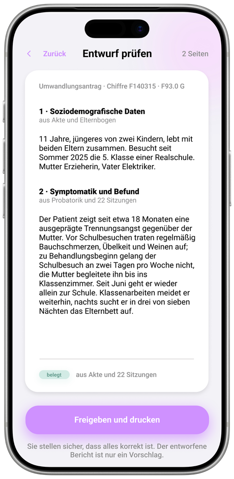 App-Bildschirm „Entwurf prüfen" mit Gliederung des Berichts