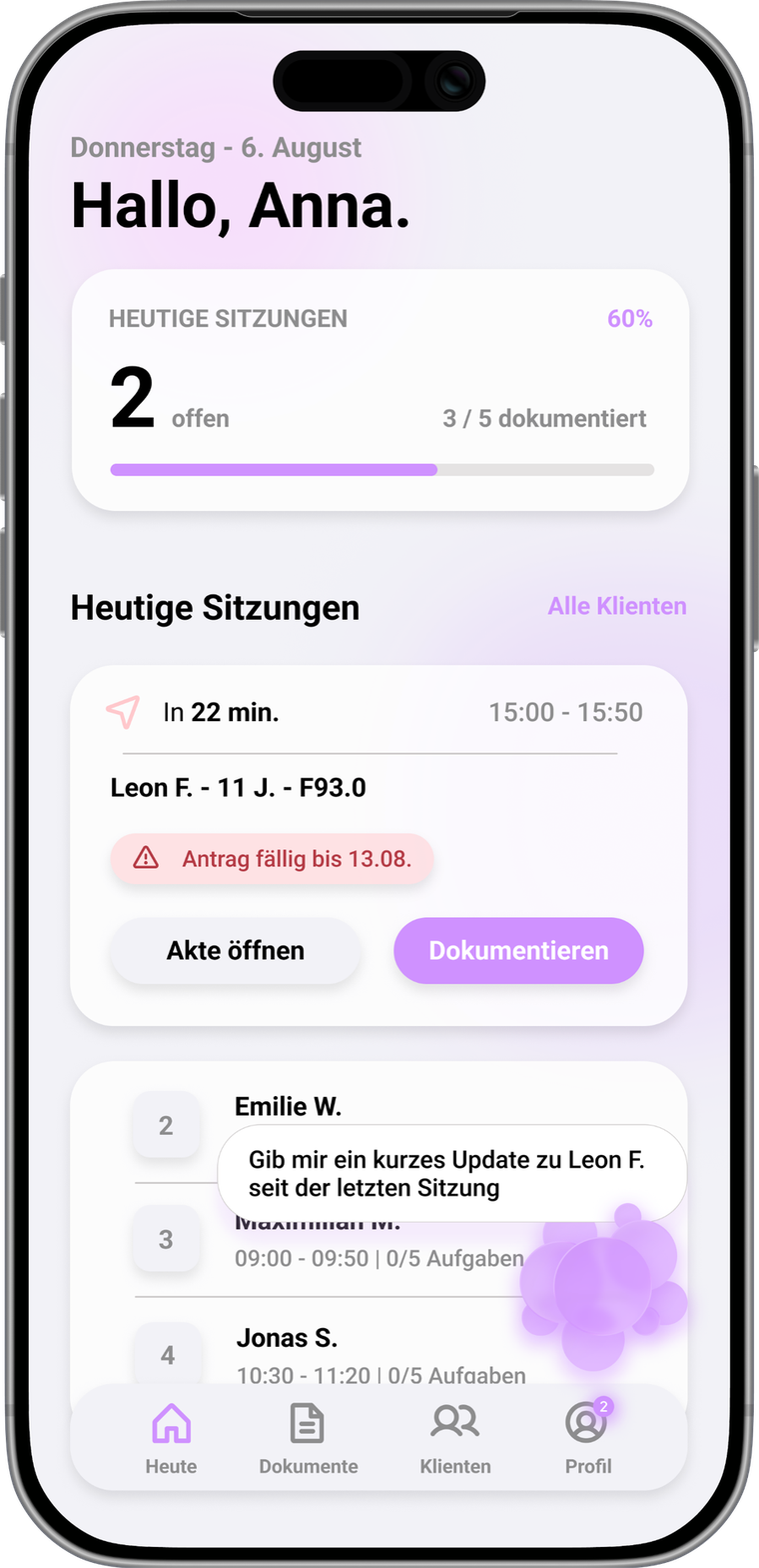 JuvoFlow App – Tagesübersicht mit heutigen Sitzungen und dem Assistenten Juvo