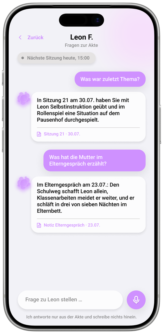 App-Bildschirm „Fragen zur Akte