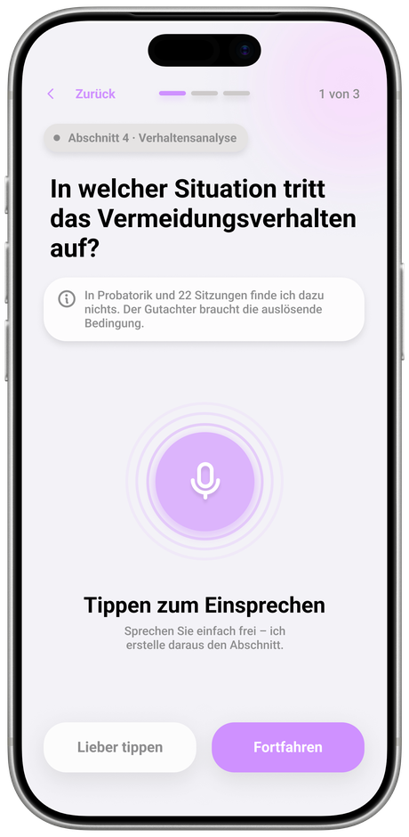 App-Bildschirm mit einer Rückfrage zur Verhaltensanalyse